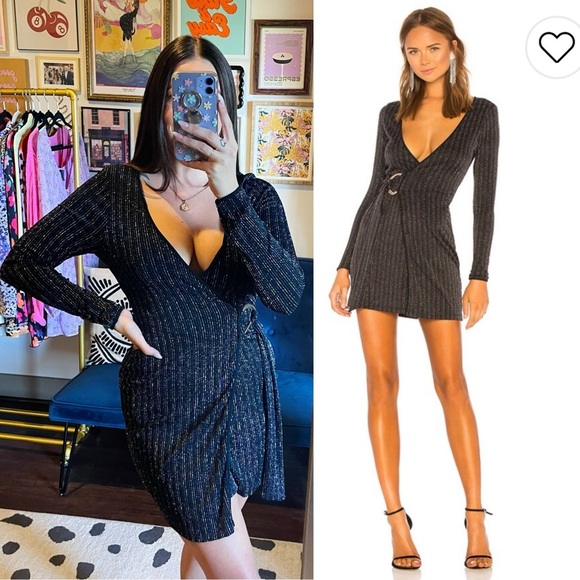 h:ours Cherie Metallic Stripe Long Sleeve Wrap Mini Dress - Picture 1 of 10